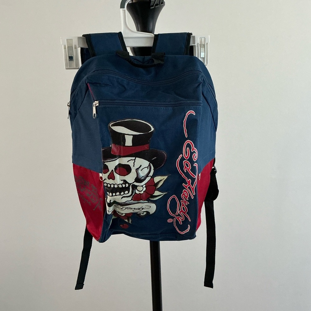 Don Ed Hardy Skull Top Hat Backpack Navy Red Unisex